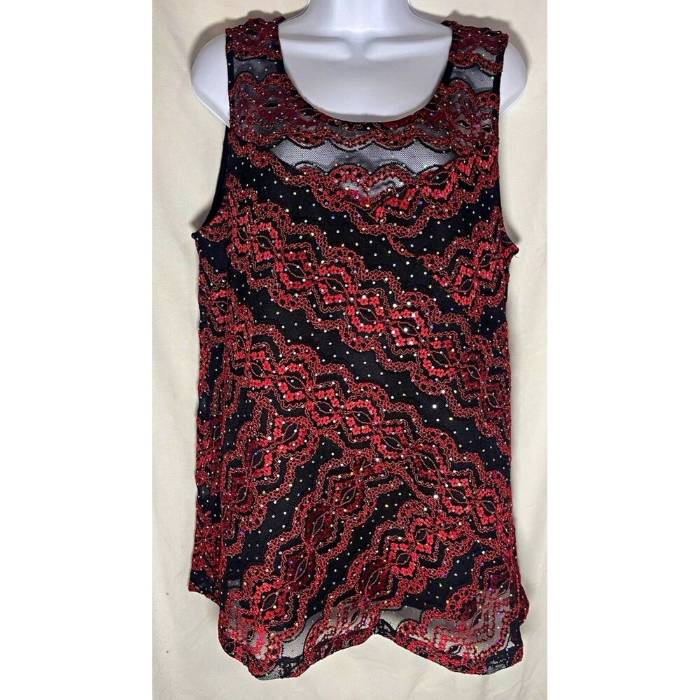 t mj Women’s Plus 2X Black/Red Mesh Sequin Lined Scoop Neck Tank Top